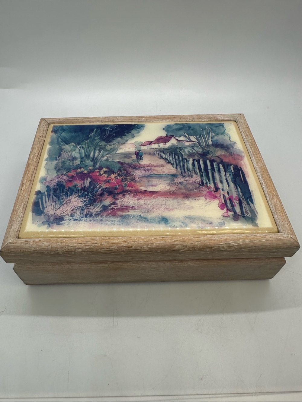Vintage Wooden Decorative Trinket Box with Landscape Scene